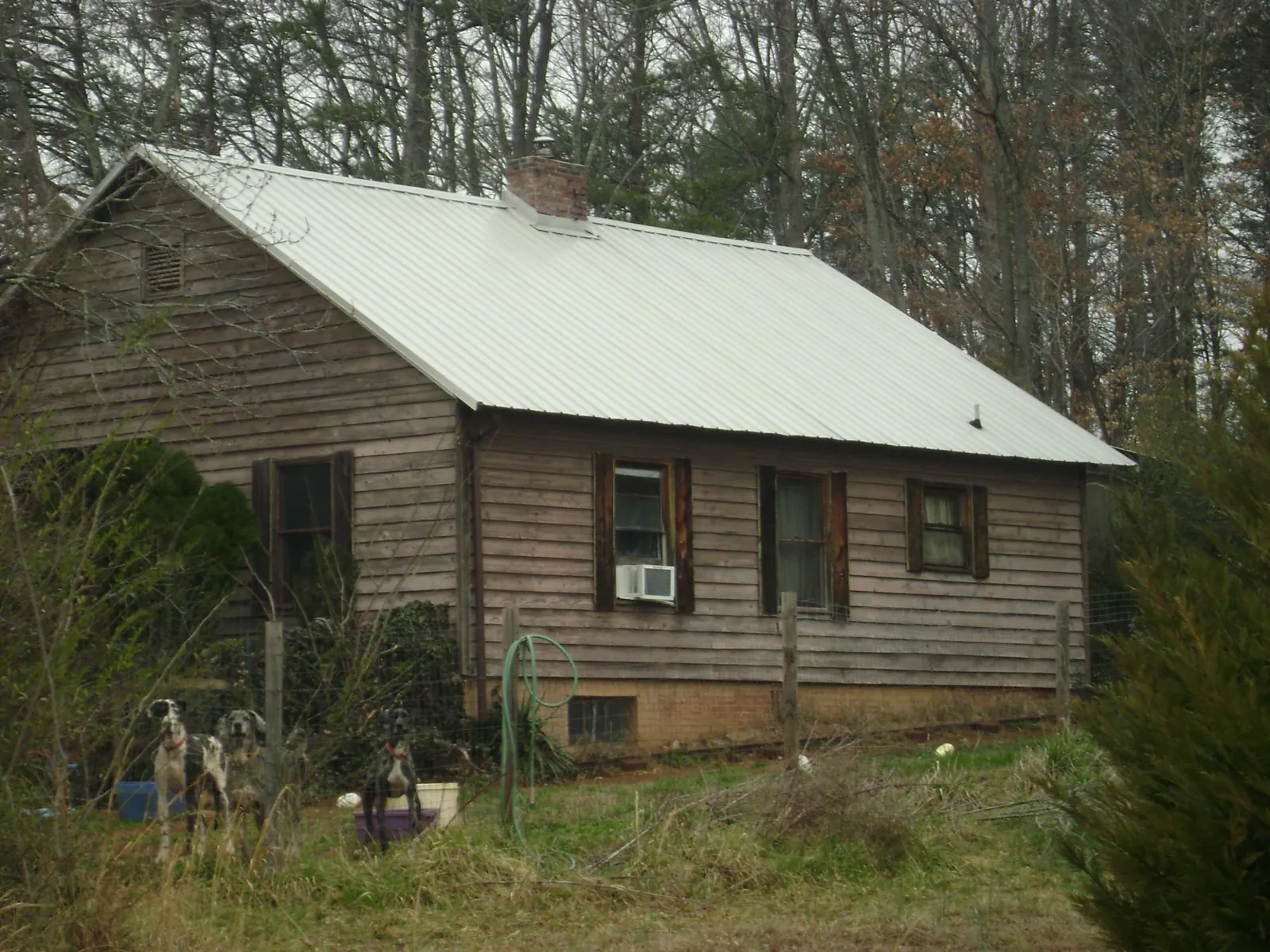 White metal roof on an old wood sided farmhouse, from a Metal Roof Installation job in Sierra Madre